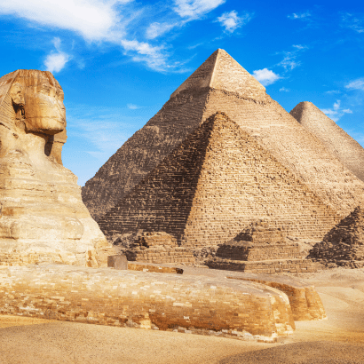 Egypt Travel Destination - Ancient Pyramids and Sphinx Against a Mesmerizing Sunset Sky.